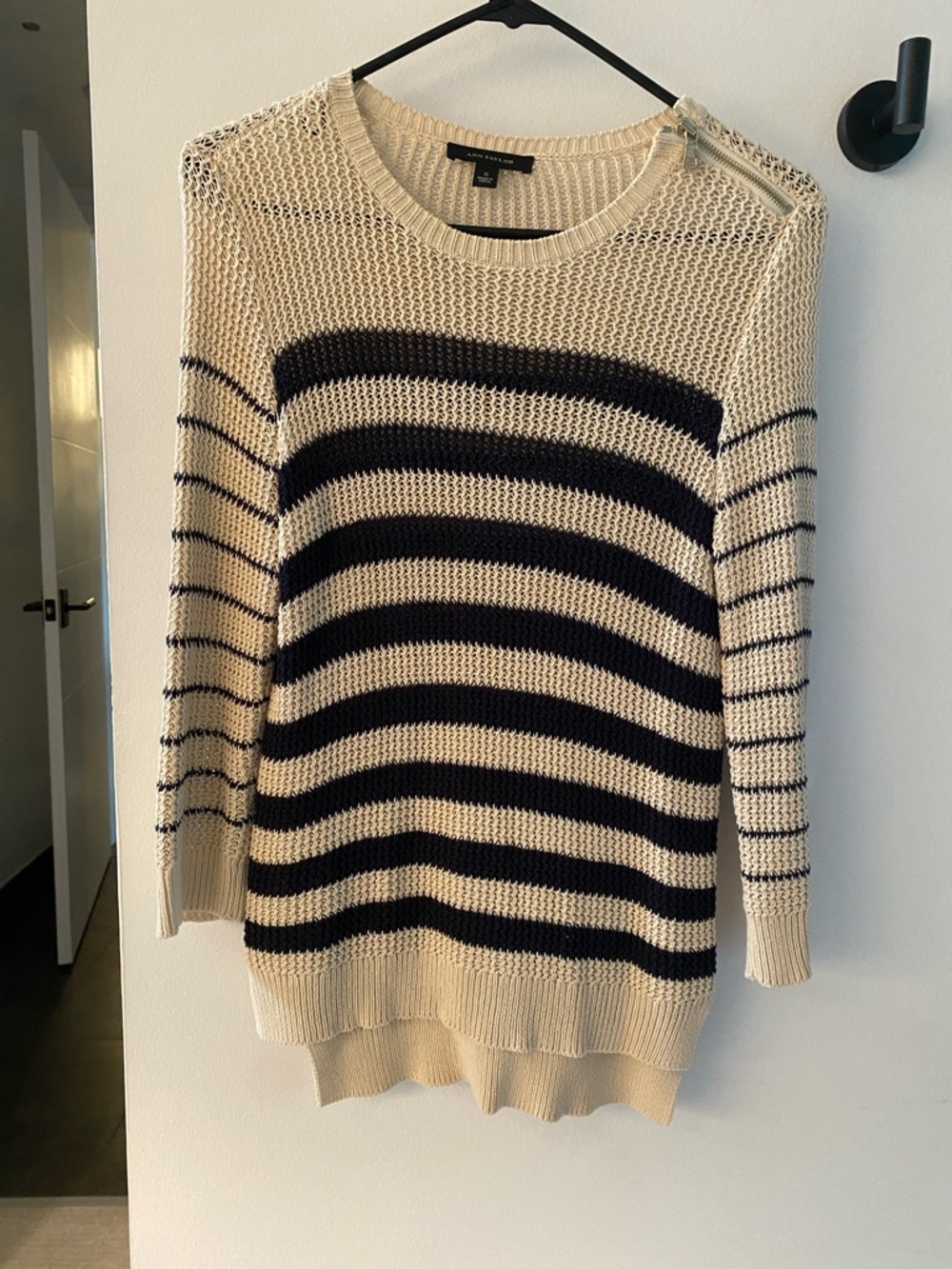 Ann Taylor Cream and Navy Striped Open-Knit Crewneck Sweater